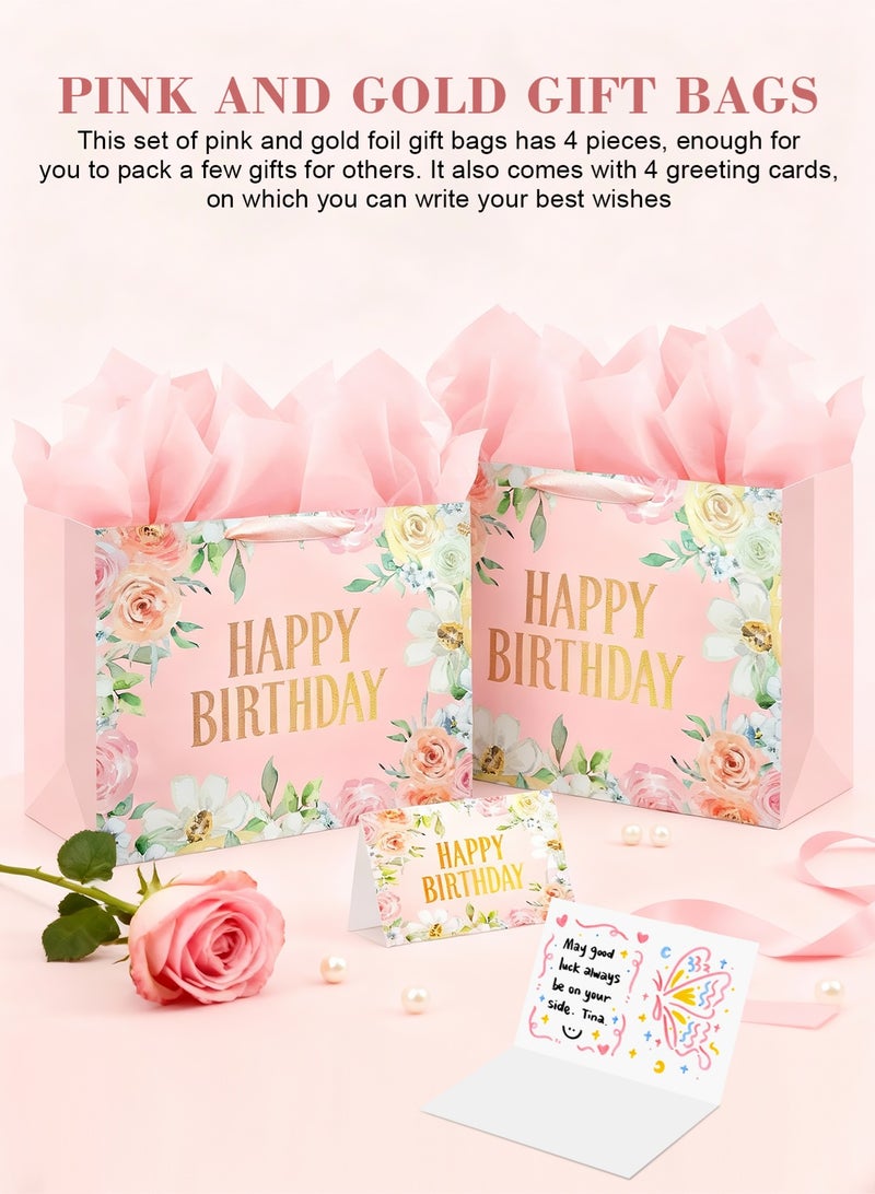 HomarKet 4 Pack Large Happy Birthday Gift Bag with Card and Tissue Papers, Handles Floral Design for Women Girls Birthday Party 33x12x26cm，Pink - Image 4